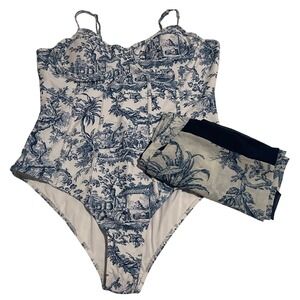 00649 Blue White Toile One Piece Swimsuit Sarong Cover Up Set Women's 2XL NWOT